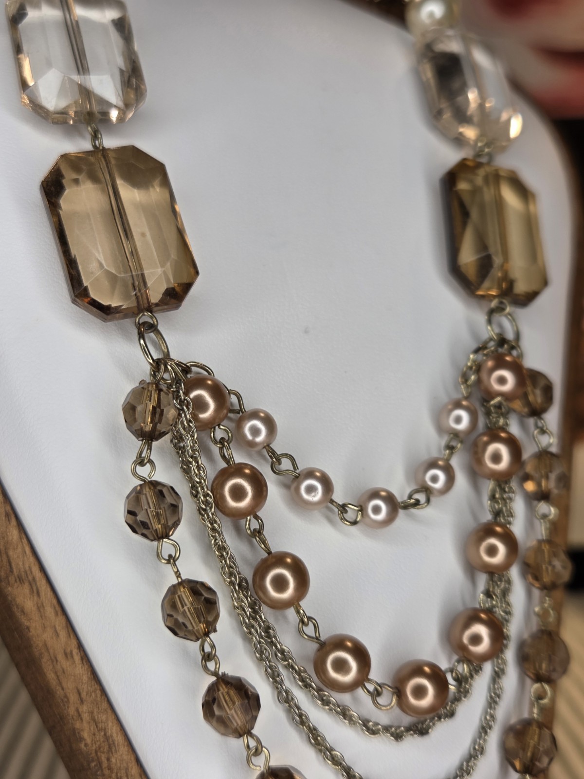 Signed Gold Tone Layered Beaded Necklace, Brown Crystal & Faux Pearl, NY & Co