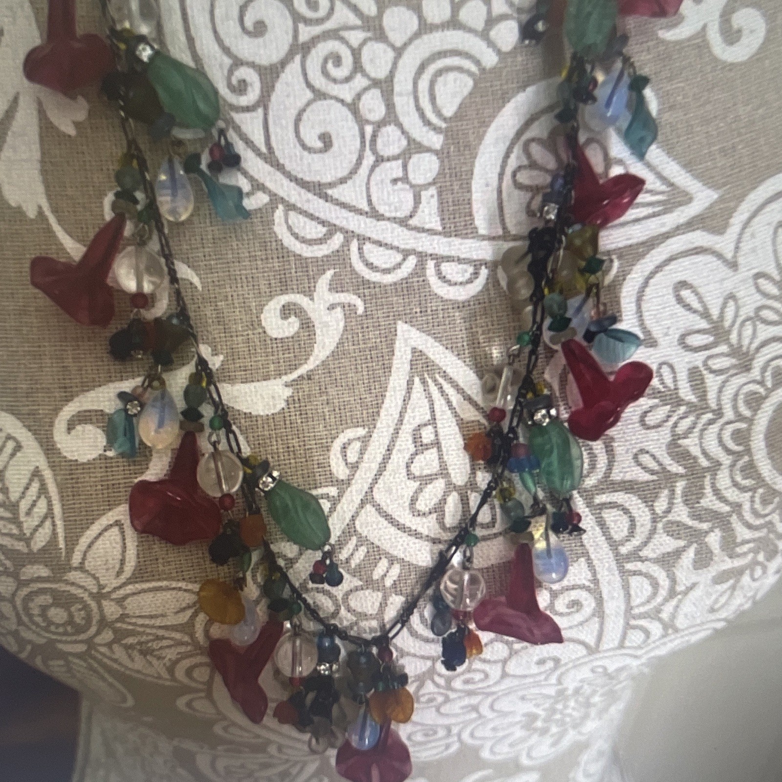 Multicolor Multi-Strand Beaded Charm Necklace Glass & Crystal Silver