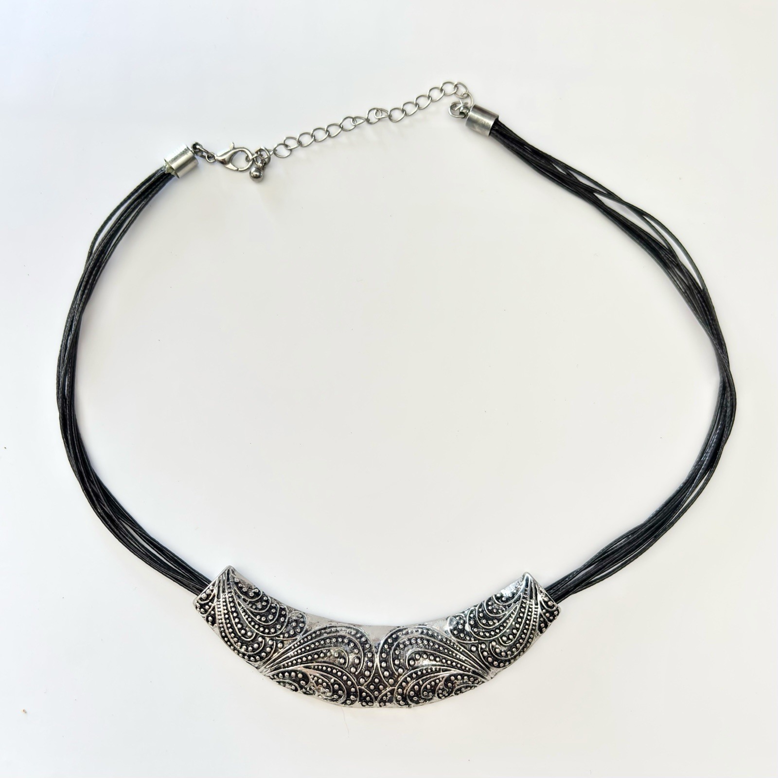 Choker Necklace Adjustable Multi Strand Black Cord Engraved Silver Toned Accent