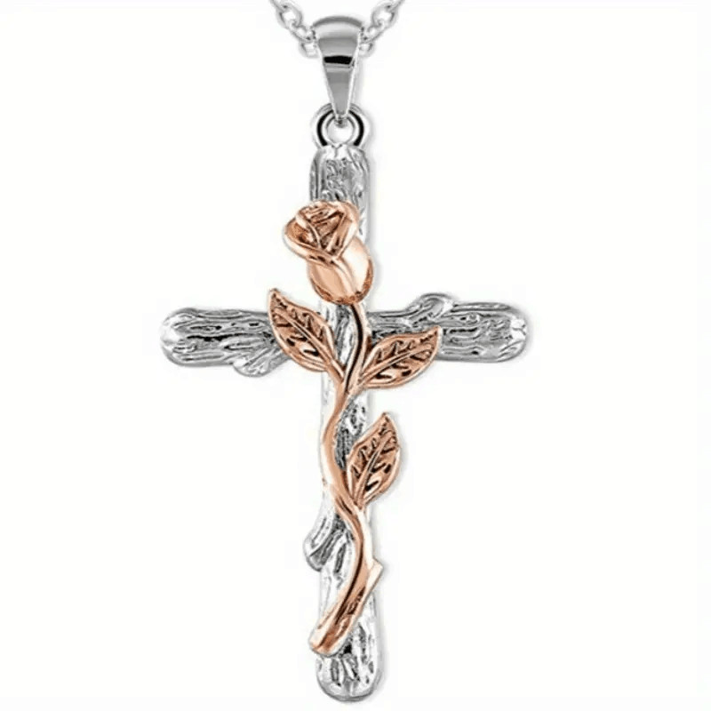 Fashion Rose Golden Floral Flower Cross Pendant Necklace Gift Women Silver Color