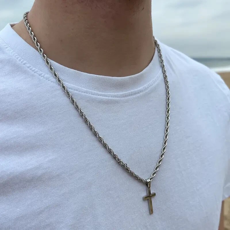 Men’s Cross Pendant Necklace Simple Rope Chain Hip Hop Jewelry Gift