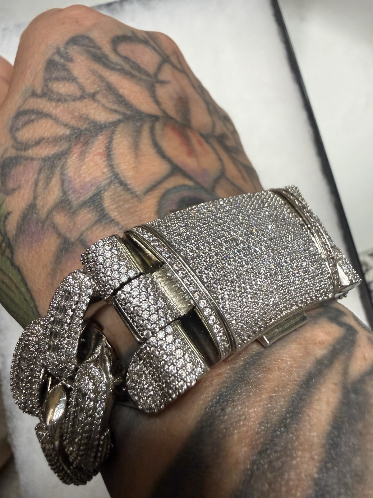 1.3 LB Sterling Silver Cuban Link Chain Necklace Pavé VS Moissenite w Bracelet