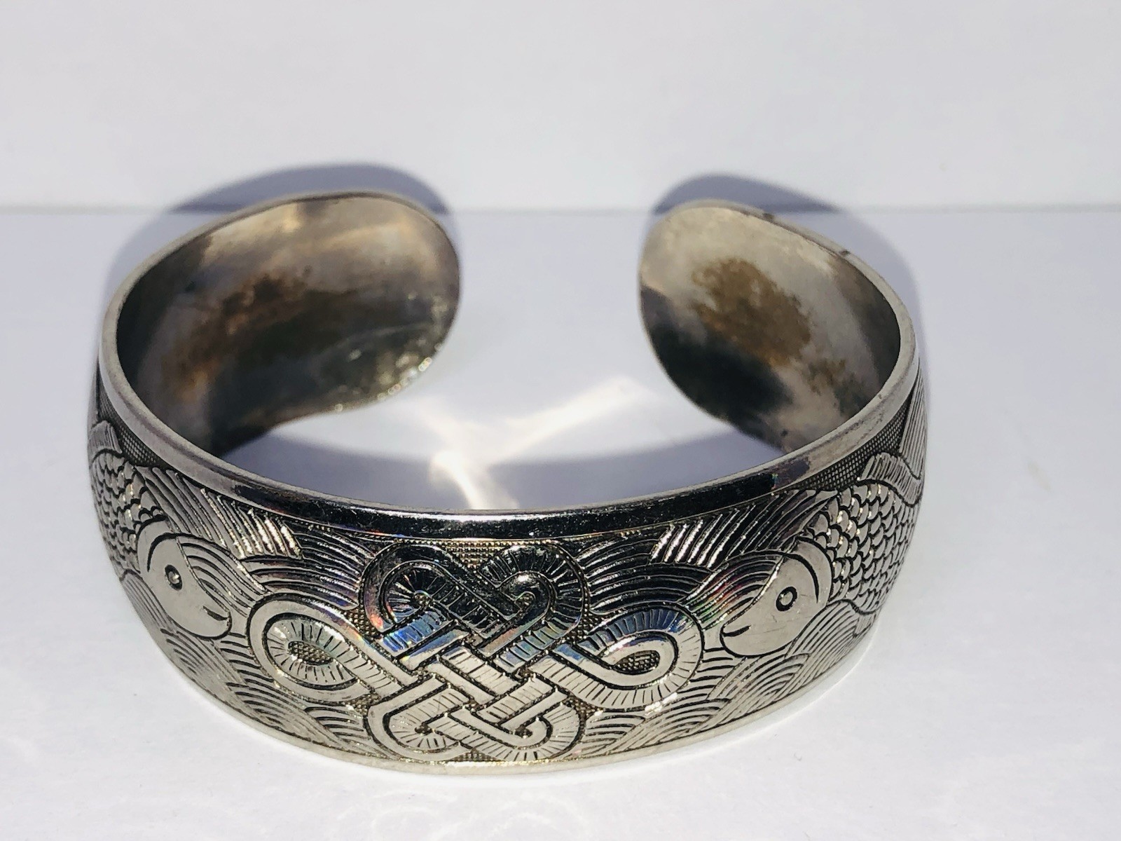 VTG Bangle Bracelet Silver Tone Etched Celtic Knot and Fish Design Open Cuff