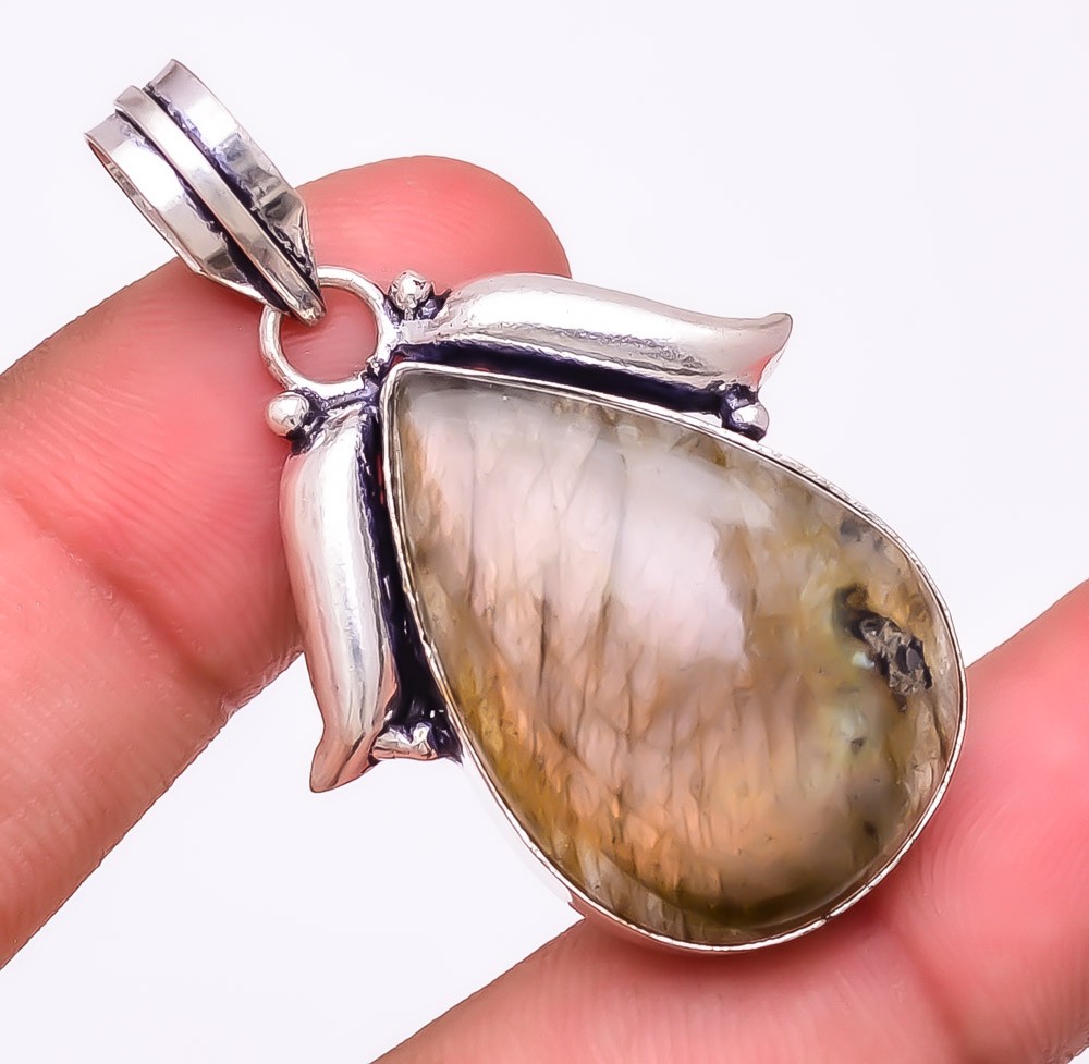 Natural Labradorite Gemstone 925 Silver Plated Jewelry Pendant 1.8″ T8685