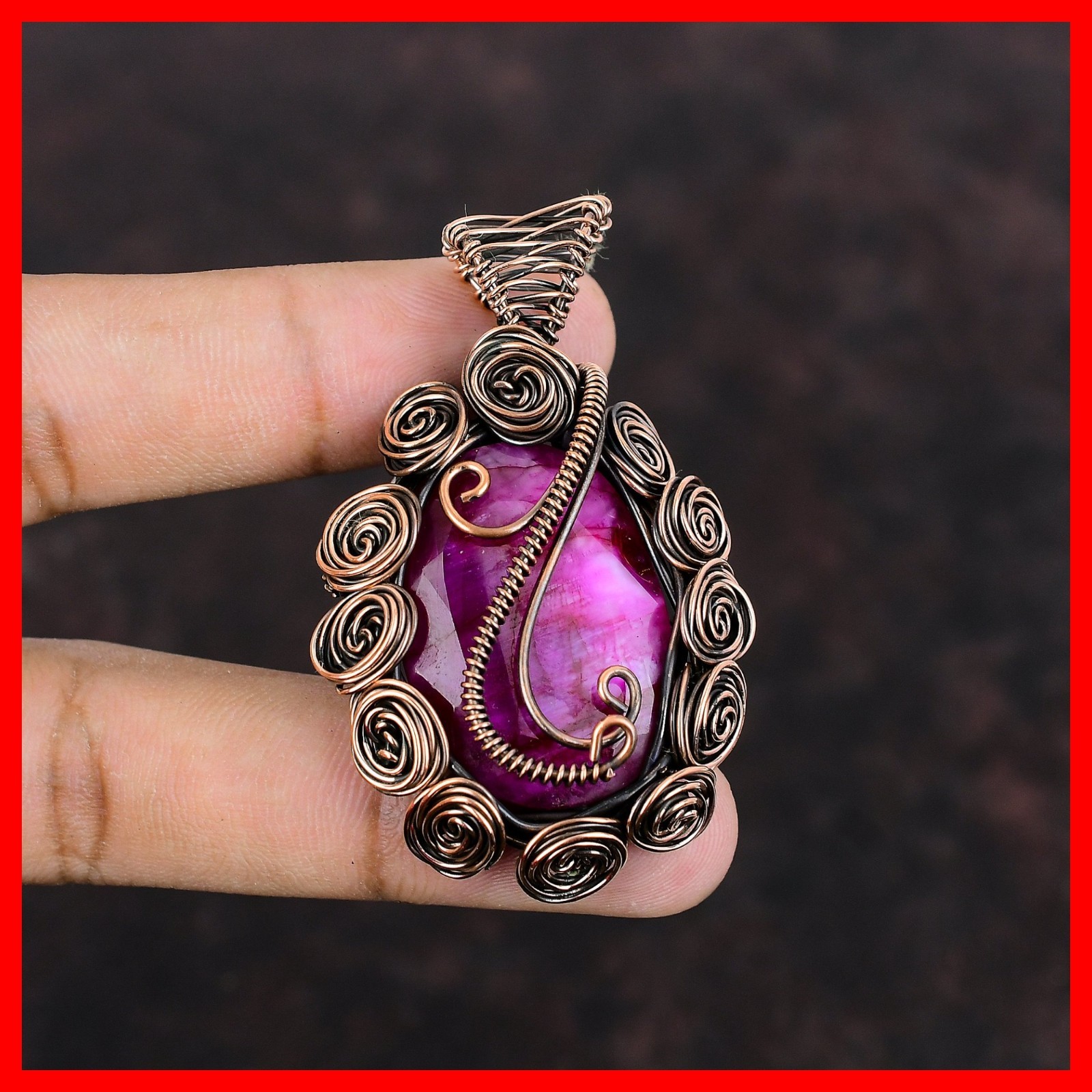 Copper Oval Kashmir Rubi Stone Daughter Wire Wrapped Flower New Pendant Jewelry