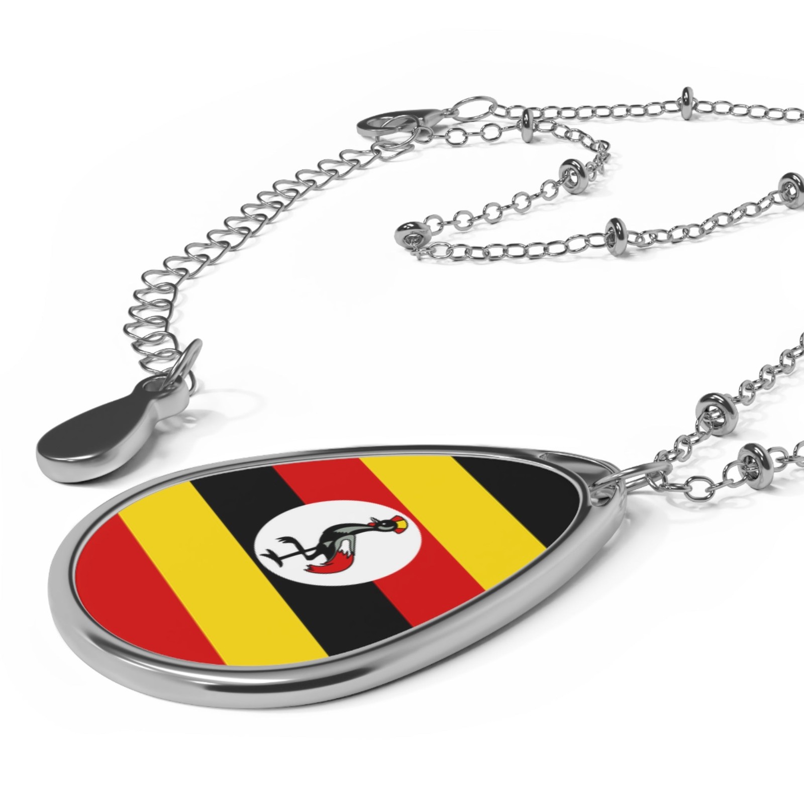 Uganda Flag Oval Necklace – Zinc Alloy Pendant – One Size / Silver
