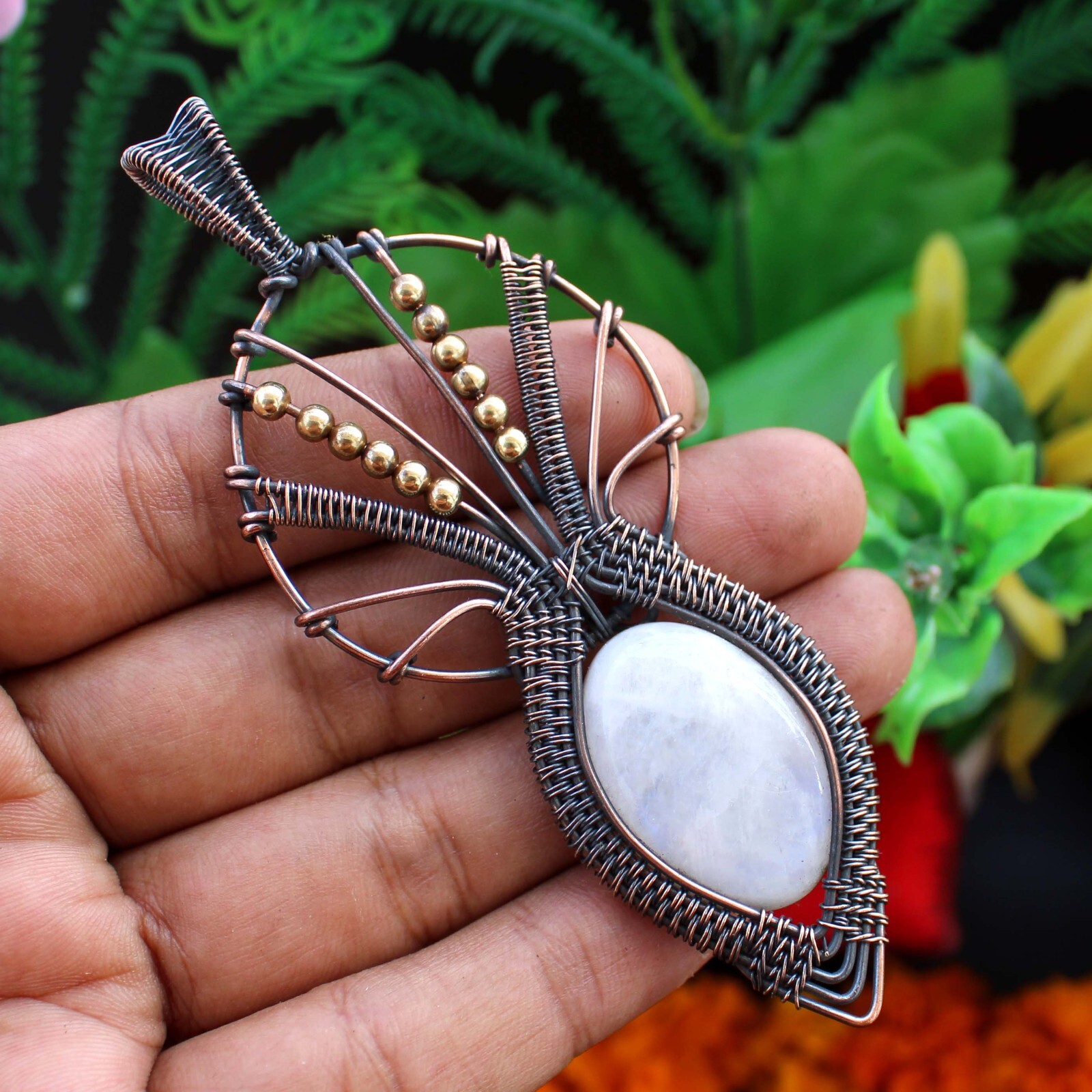 Rainbow Moonstone Pendant Copper Wire Wrapped Pendant Gemstone Wire Wrap Jewelry