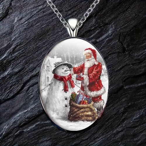 Christmas Santa Claus And Snowman With Gifts Oval Pendant Necklace