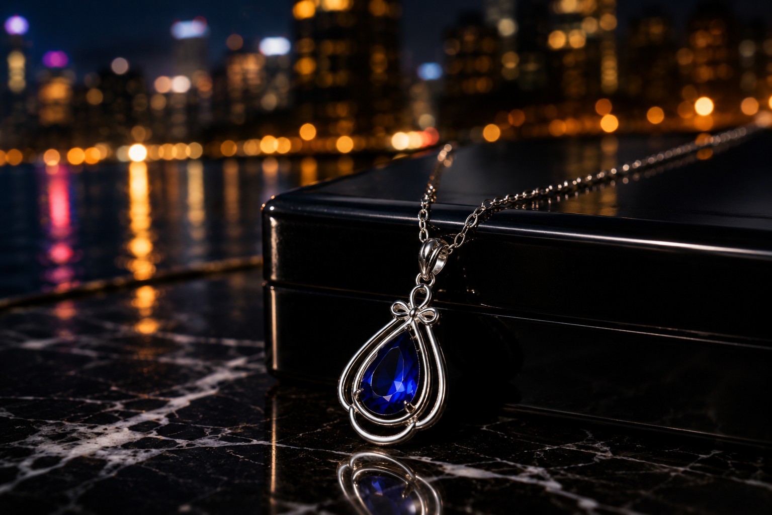 Silver Tone Blue Teardrop Pendant Necklace 18″ Chain Elegant Fashion Jewelry