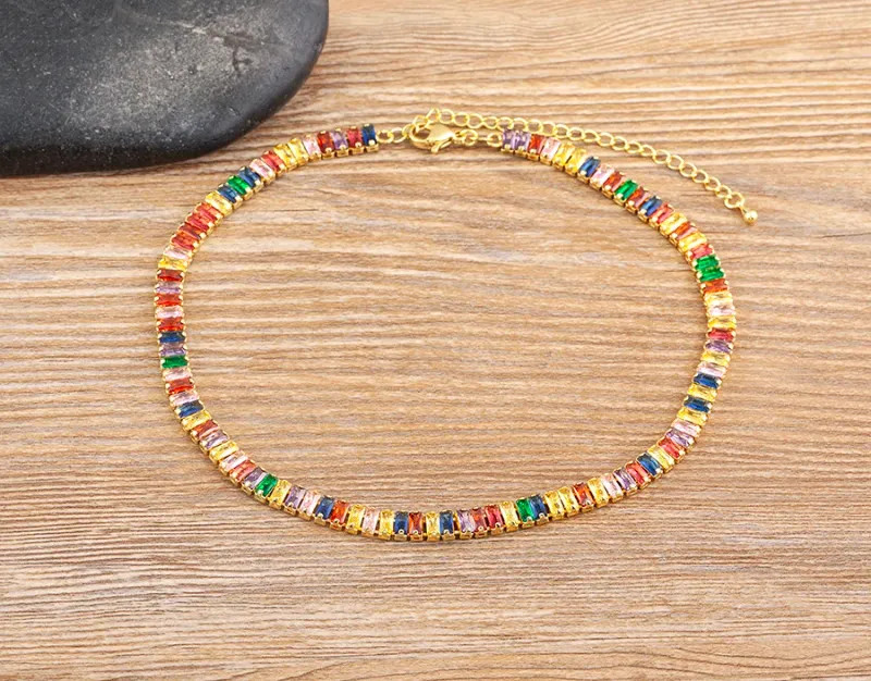 Classic Colorful Tennis Necklace Men and Women Rectangular Full Zircon.