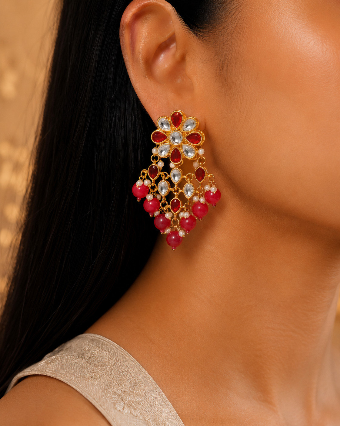 Aiza Red Kundan Floral Bridal Choker Set with Pink Bead Drops Roz Jewellers.