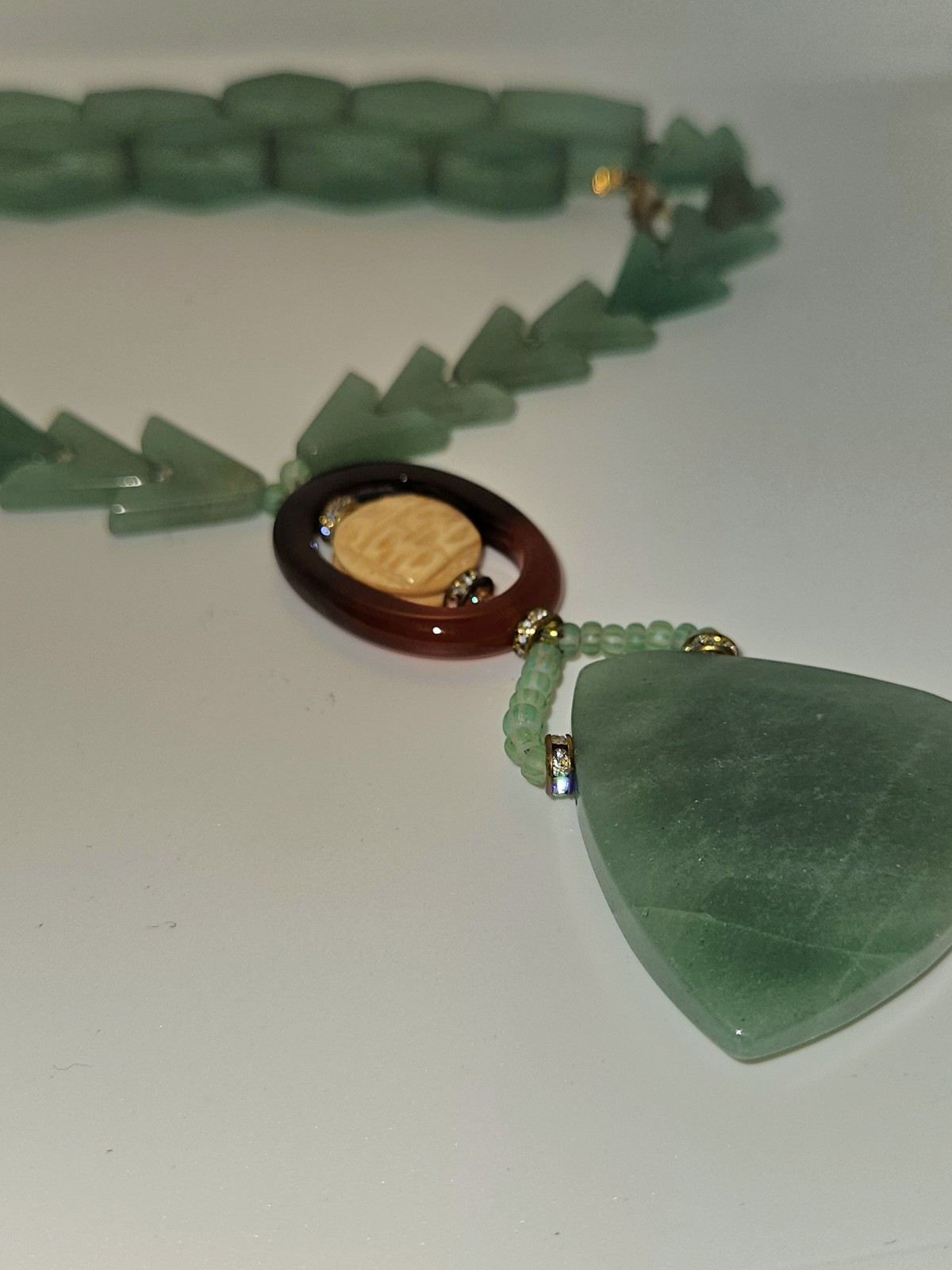 Green Glass Stone & Gemstone Beaded Necklace Trillion Charm Pendant Happiness