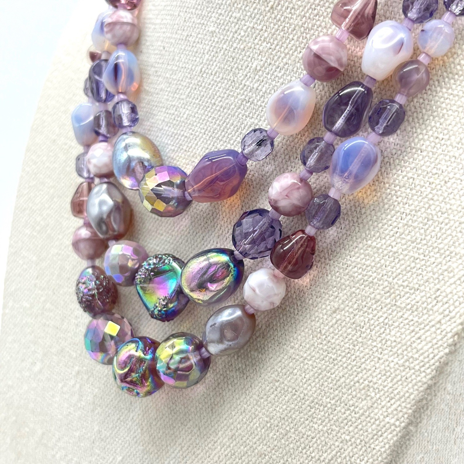 Vintage Germany Purple Iridescent Art Glass Triple Strand Beaded Necklace 16in