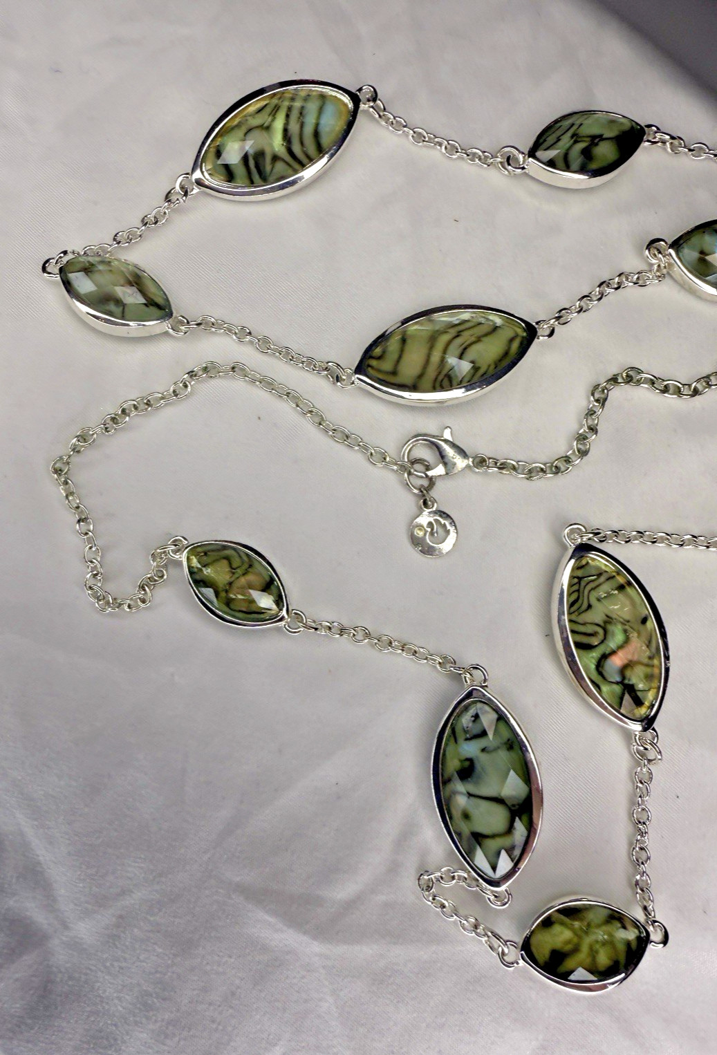 Swarovski 32″ Abalone Shell Crystal Station Necklace Signed Swan Logo Flush Set