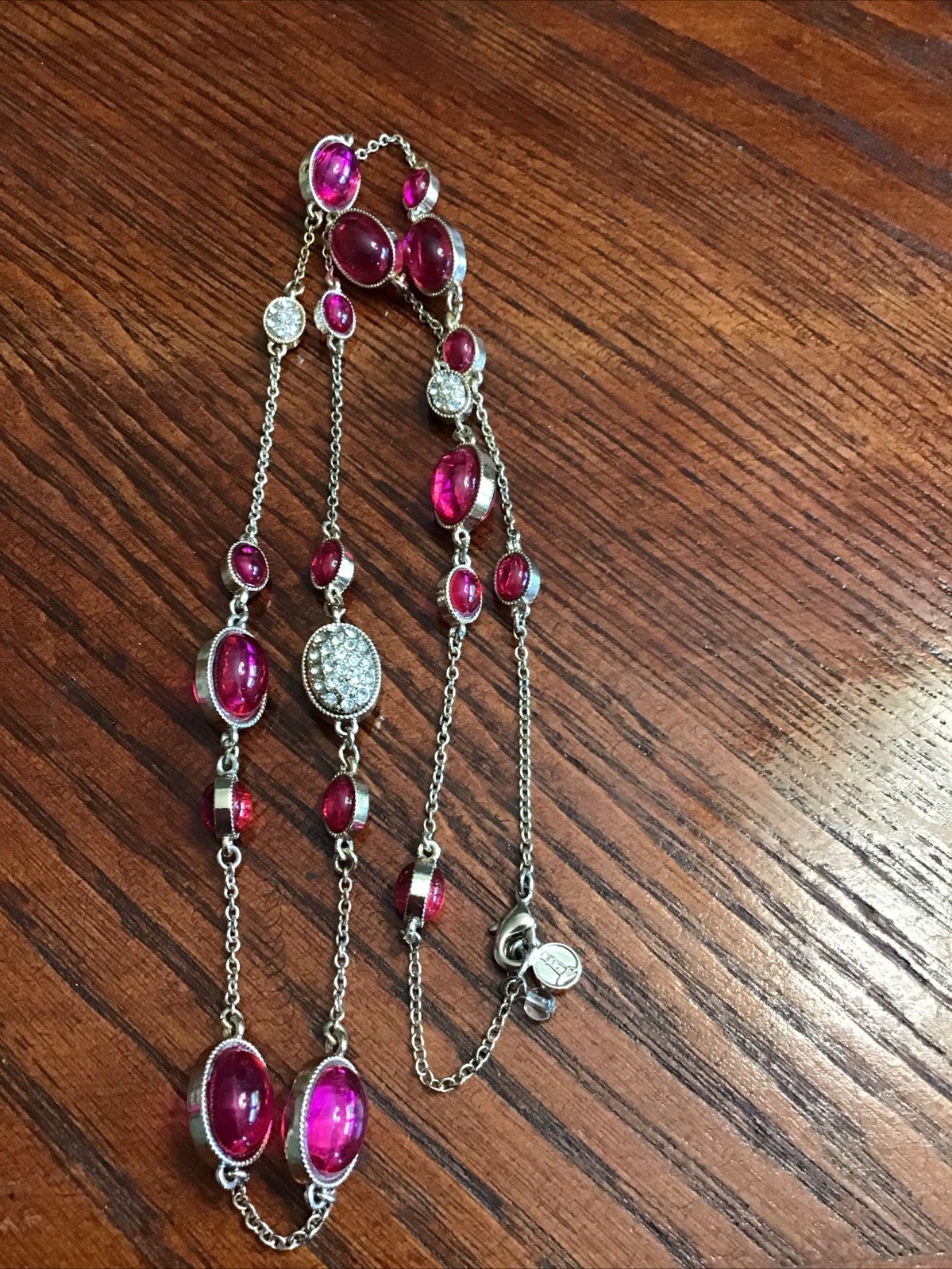 Beautiful 3 Demential Pink Cabochon and Pave Gold Tone Necklace ￼