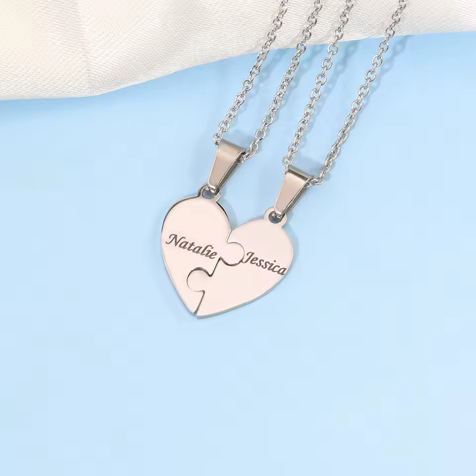 Personalized Puzzle Heart Necklace Custom Engraved BFF Family Birthday Gift Set