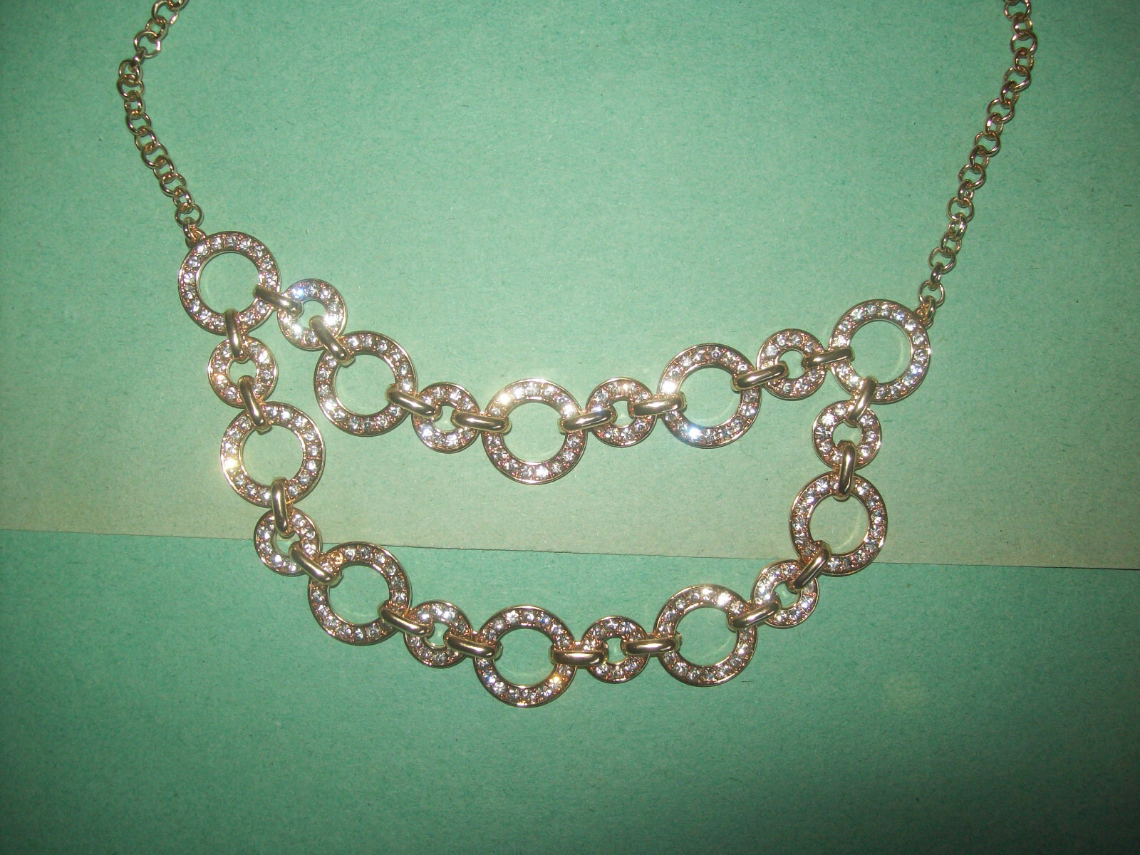 CHARTER CLUB 2 STRAND GOLD TONE CONNECTED RINGS SPARKLING RHINESTONES NECKLACE