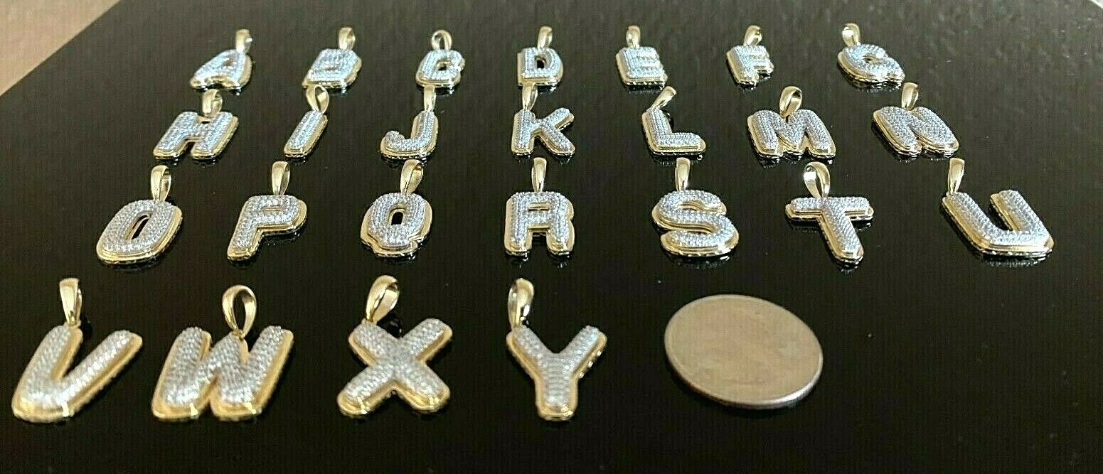 10k Solid Yellow Gold Bubble Initial A to Z Alphabet CZ Pendant Charm