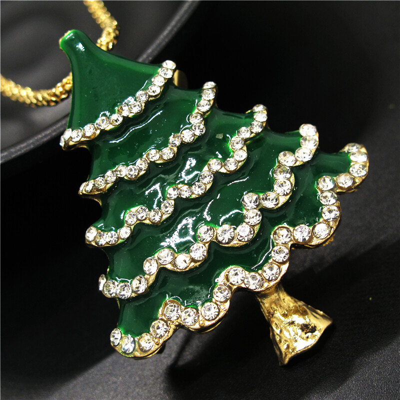 Fashion Women Enamel Green Christmas Tree Rhinestone Pendant Chain Necklace