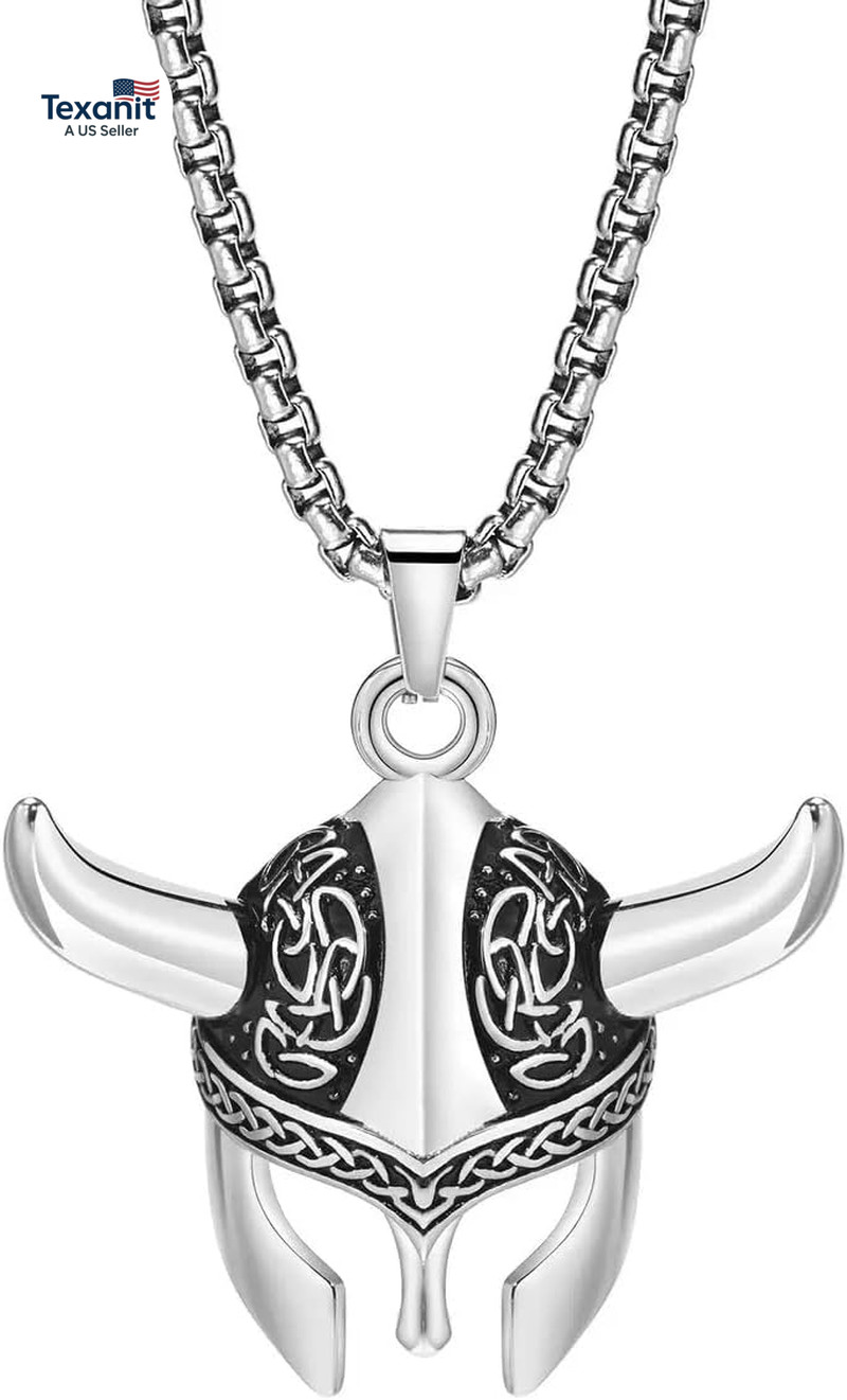 Viking Warrior Helmet Necklace – Celtic Knots Pendant – Stainless Steel Horn Jew