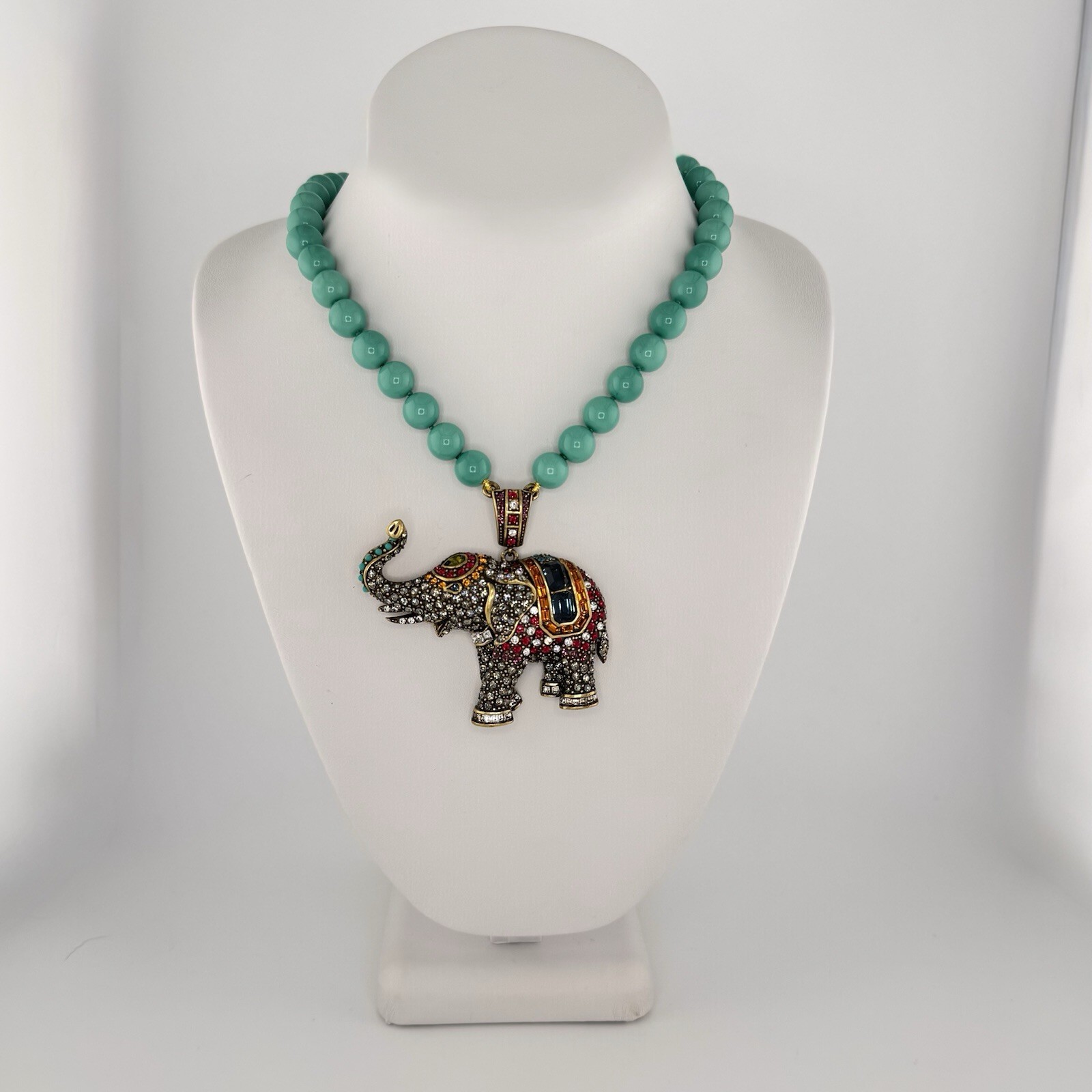 Signed Heidi Daus Turquoise Bead Necklace with Pavé Swarovski Crystal Elephant