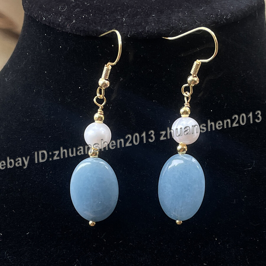 13x18mm Oval Blue Aquamarine Gems White Pearl Hook Earrings+ Necklace Set 14-28″