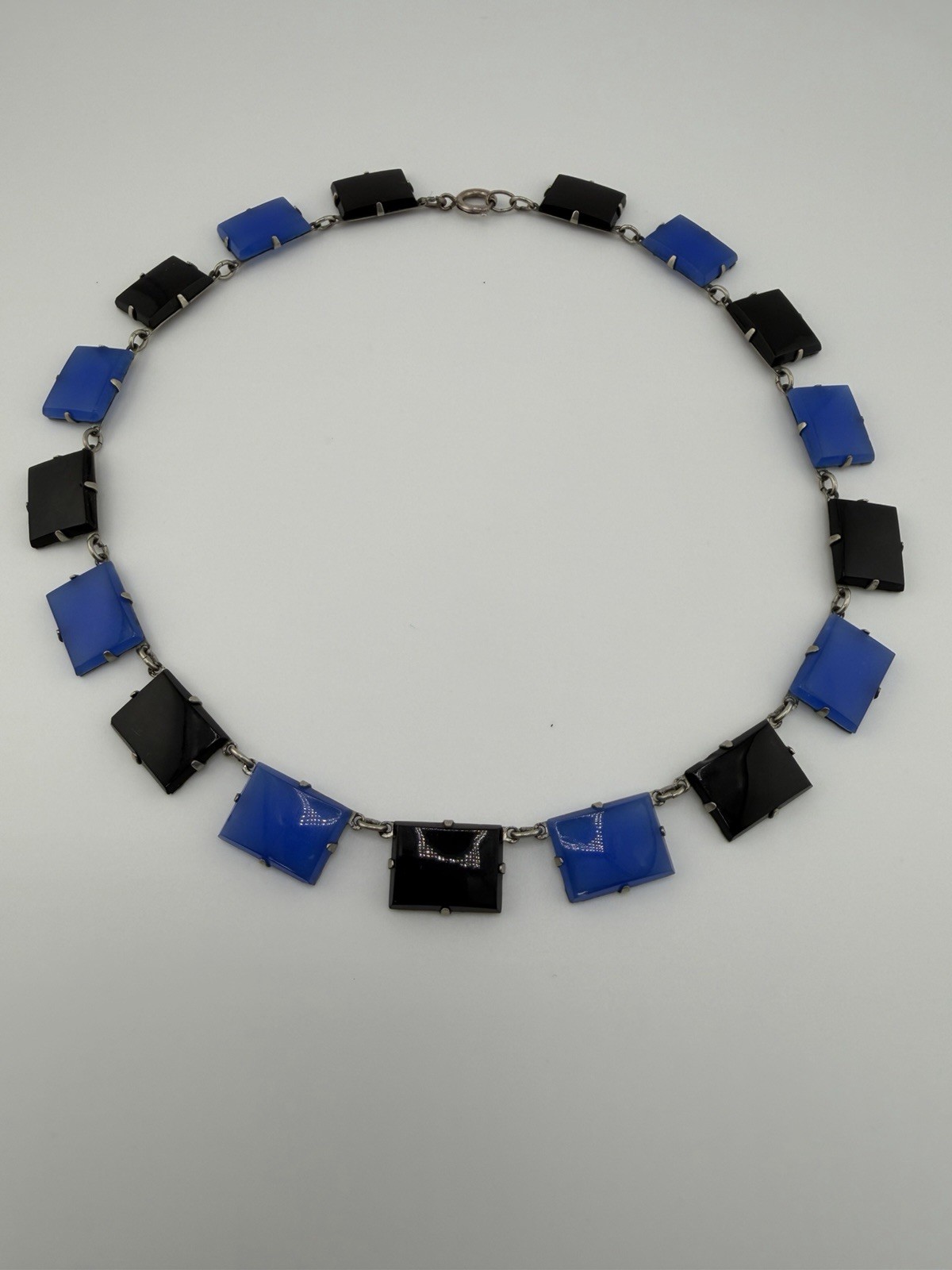 Vintage Art Deco Silver Necklace with Black and Blue Onyx