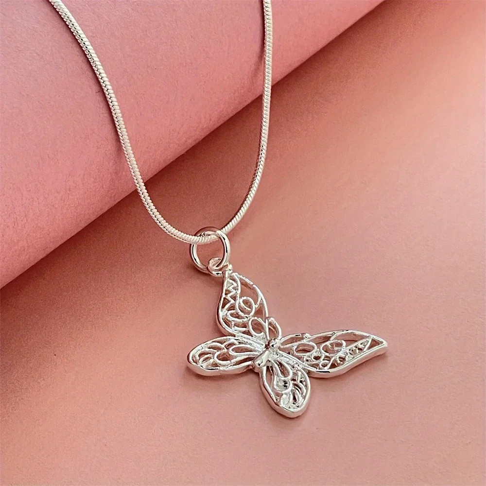 925 Sterling Silver K-pop Style Butterfly Necklace, with Snake Chain