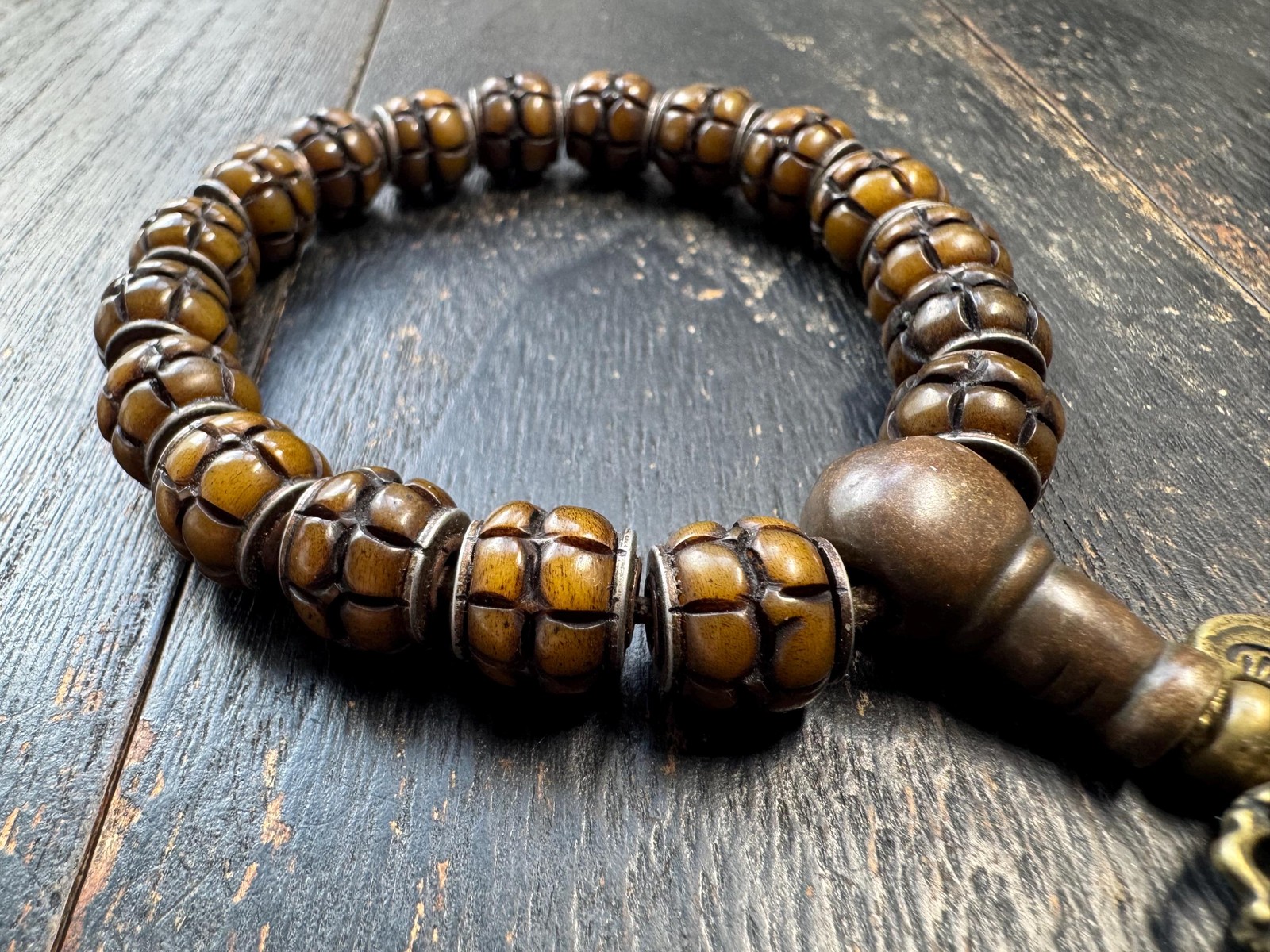 Tibetan Lotus Carved Yak Bone Adjustable Mala Bracelet | Handcrafted Buddhist J