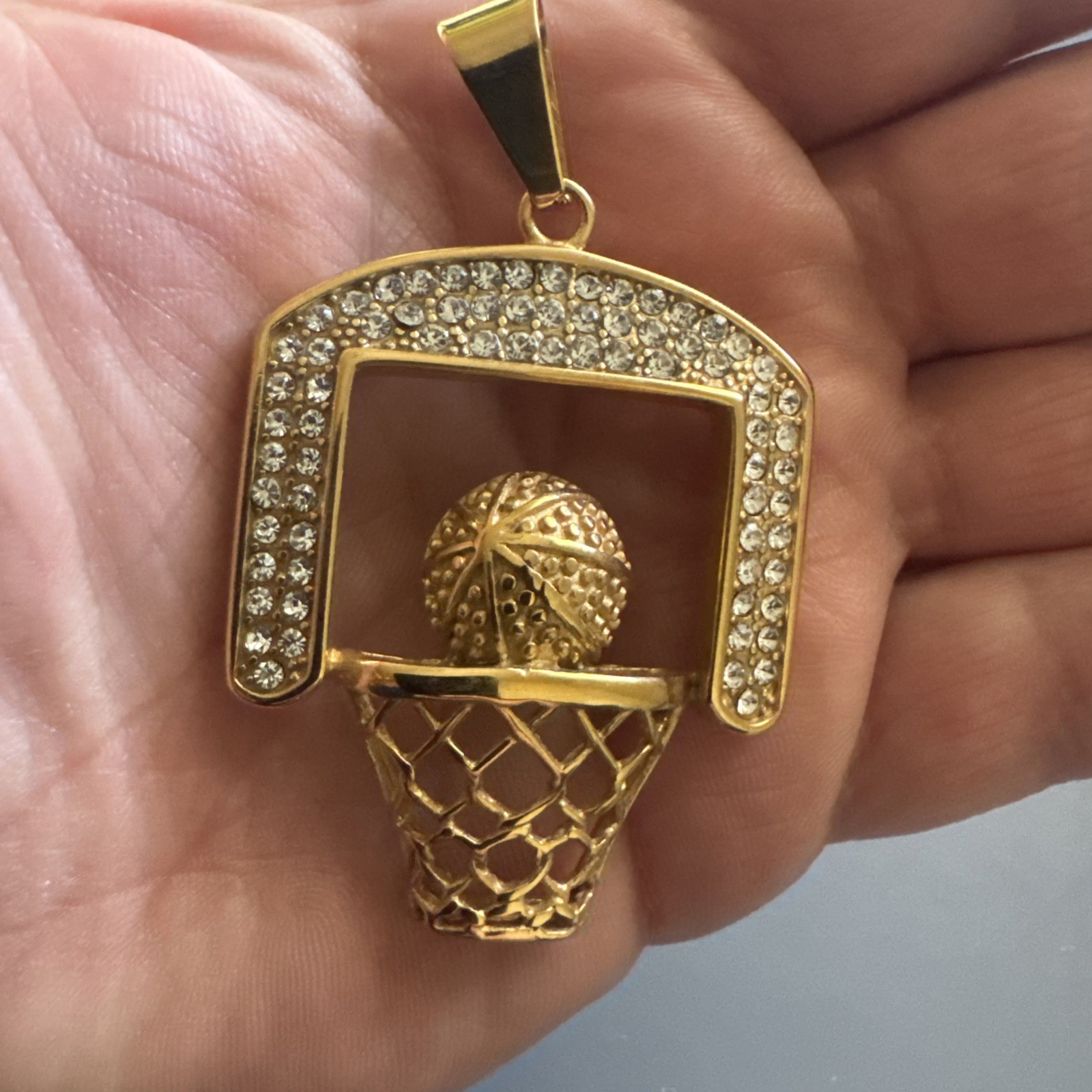 Basketball Hoop Stainless Steel Pendant 24 Inch Chain Trophy Cubic Zirconia Gold