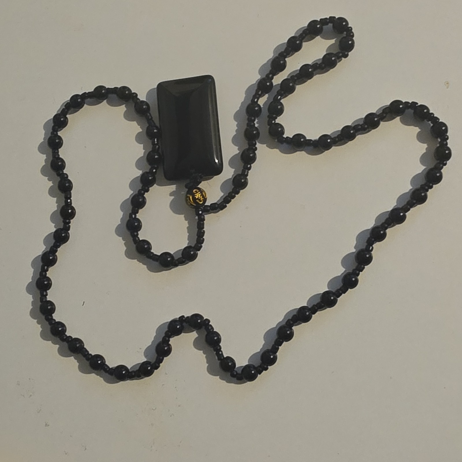 Black Stone Beaded Ball Chain Necklace with Rectangular Charm Pendant