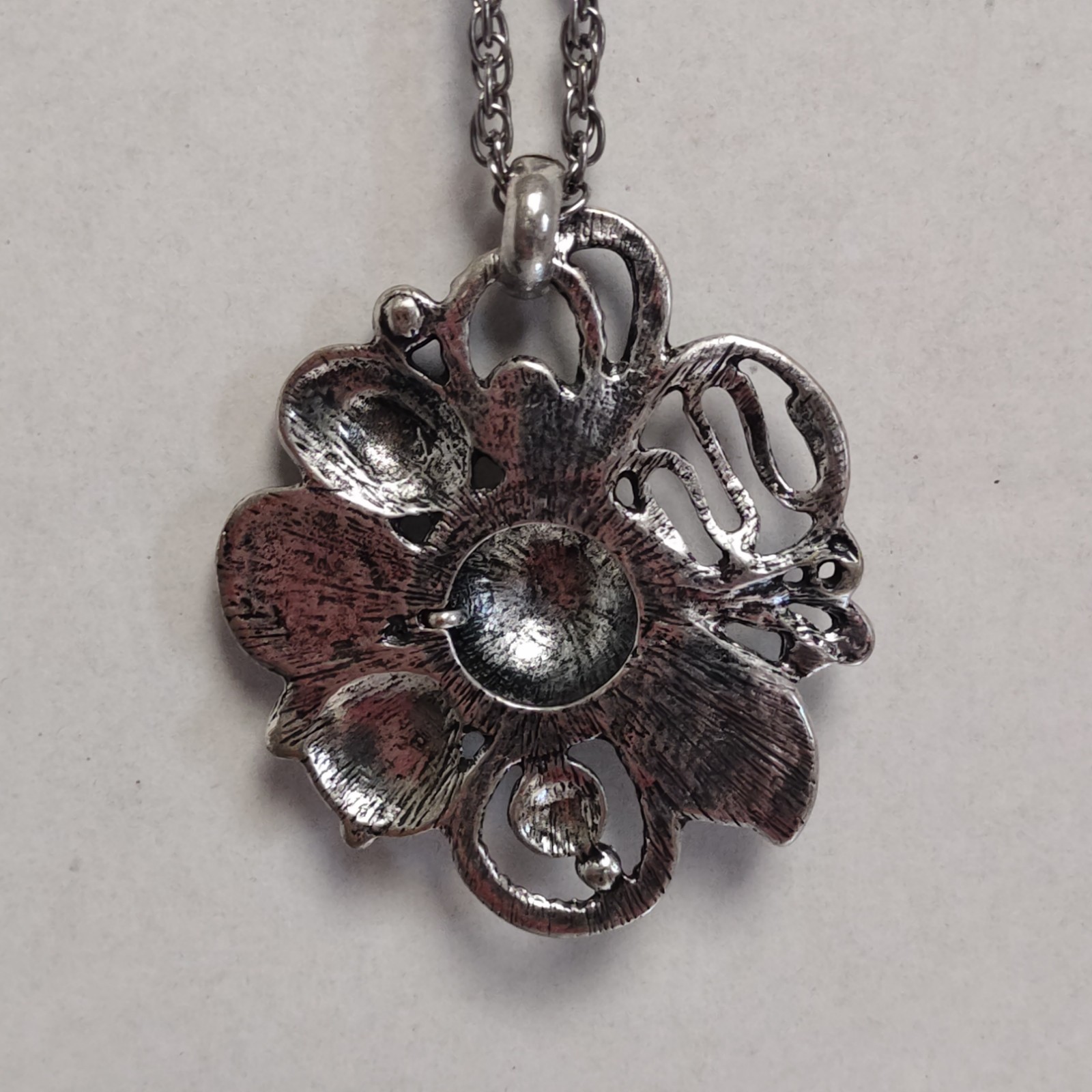 Large Floral Pendants on 24 Inch Silver Tone Necklaces Lot of 2