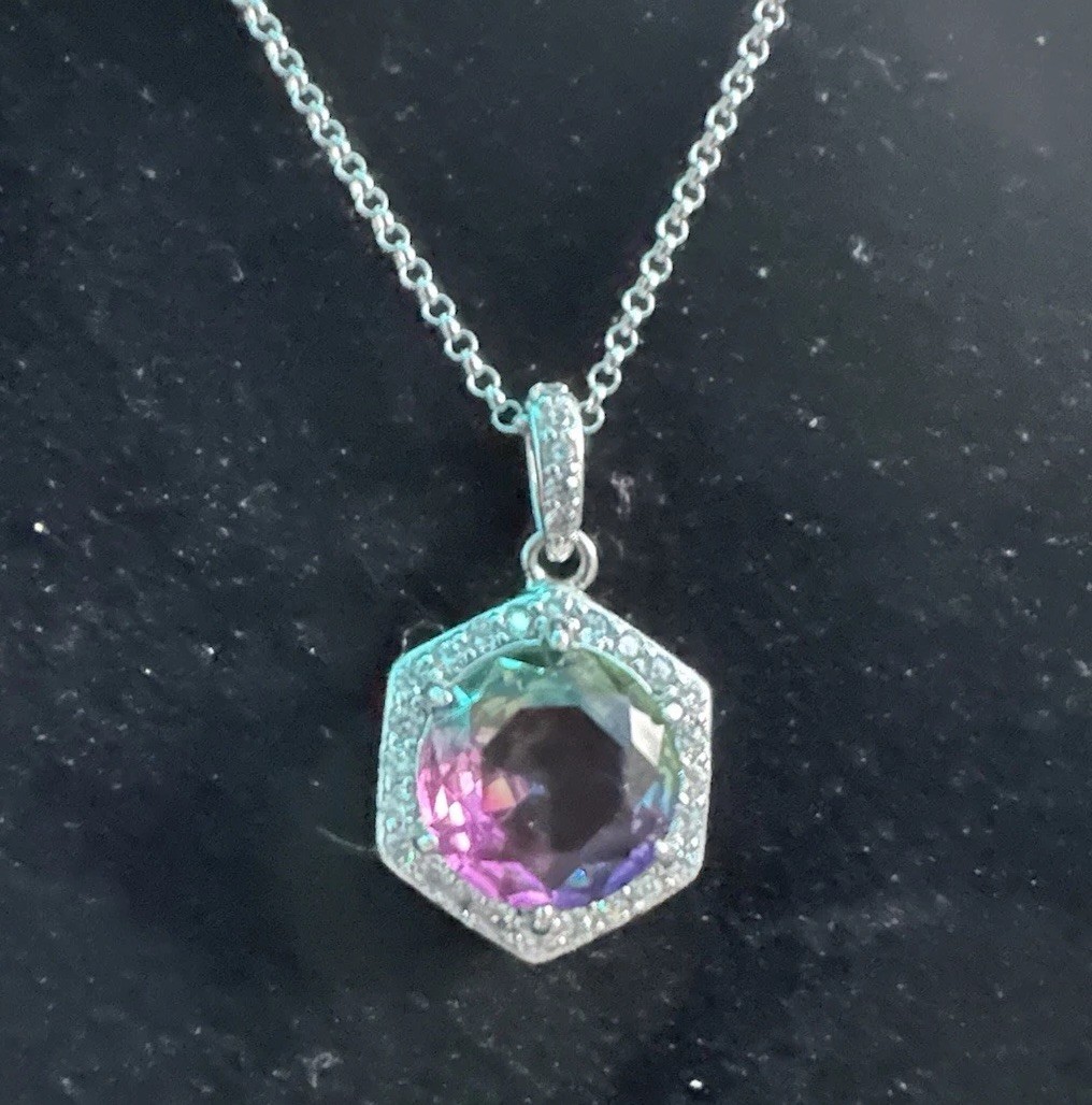 Bomb Party Watermelon Bi-Color Crystal Hexagon Necklace 18” Preowned