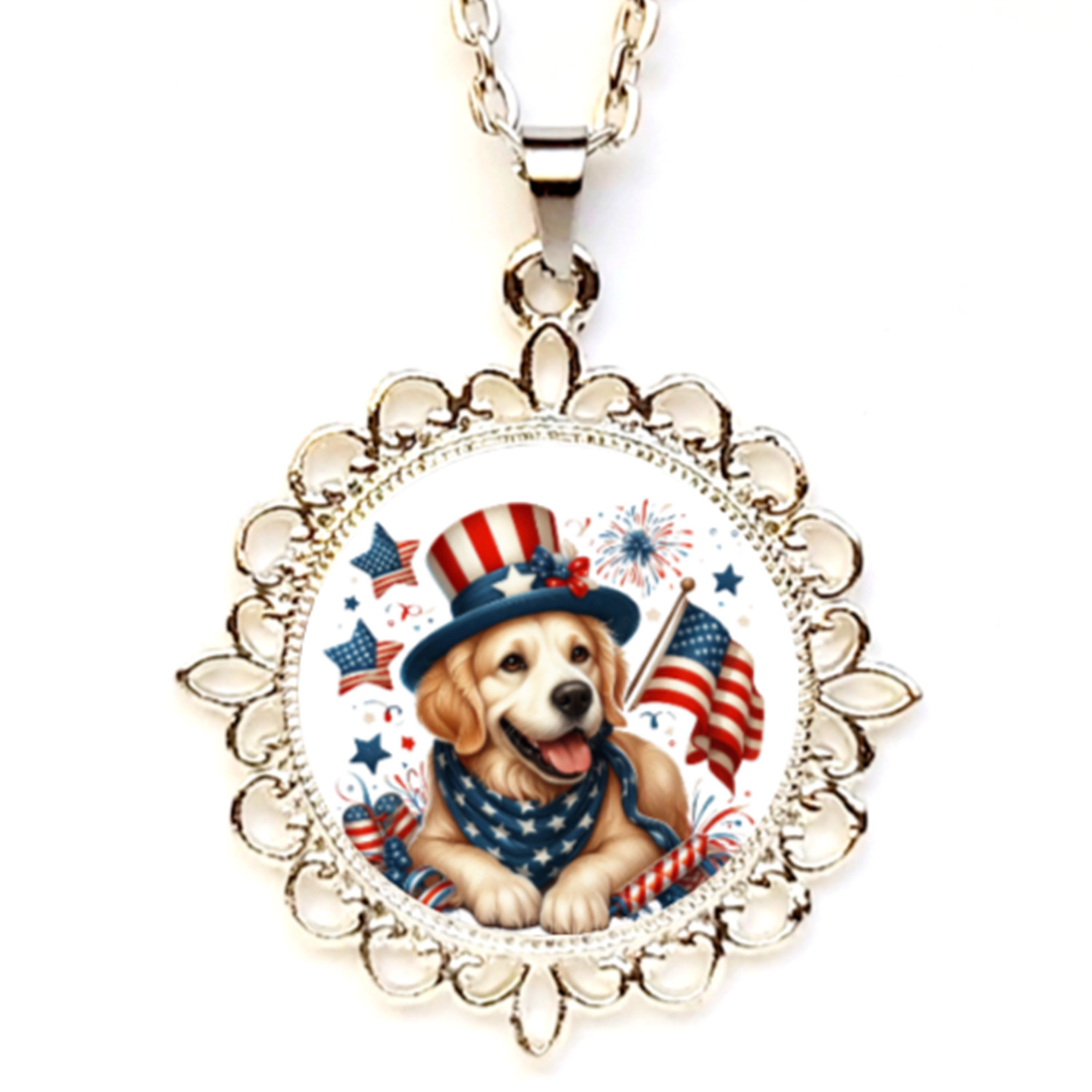 Patriotic Puppy Dog 4th Of July Bezel Pendant Silver Gold Rose Gold Tone USA