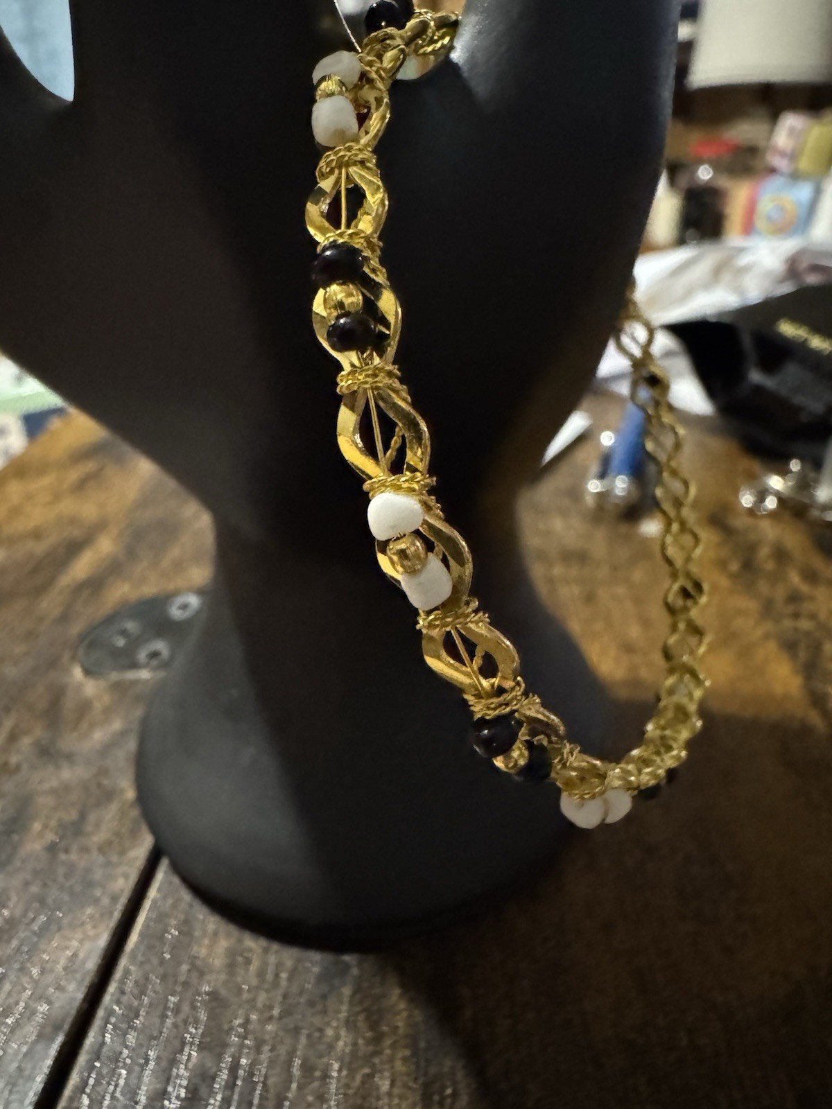 Gold Tone Cable Chain Necklace Black & White Beads, Metal, No Stone