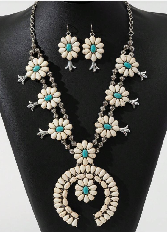 JEWELRY SET-Western 3pcs/Set Turquoise/White Squash Blossom Style Necklace