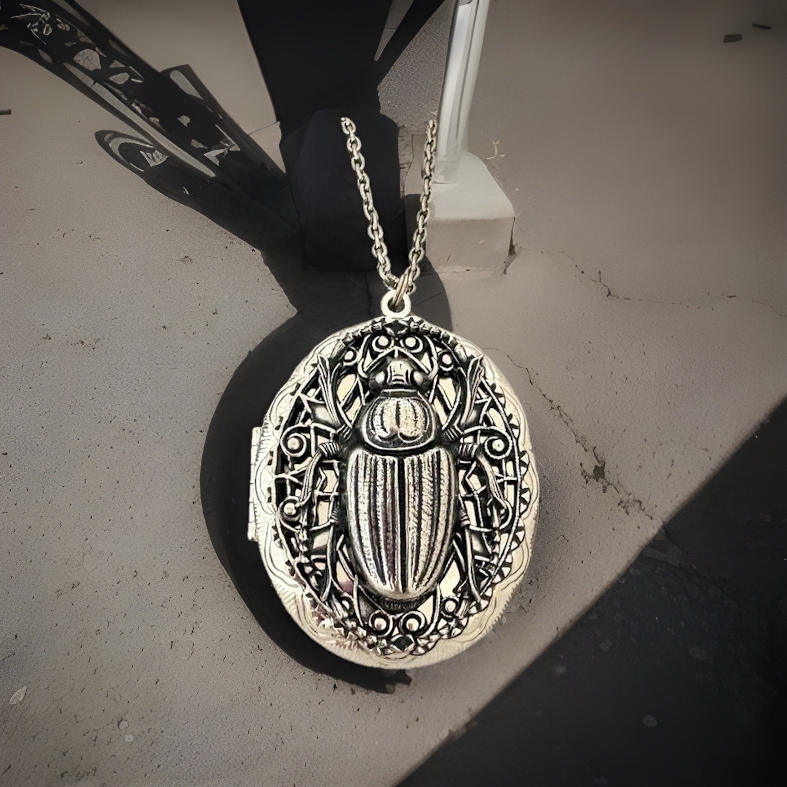 Scarab Beetle Locket Necklace, Memorial Ashes Photo Keepsake Art Nouveau Pendant