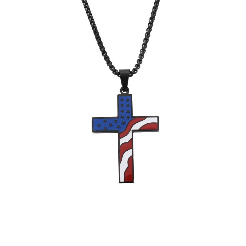 Stainless Steel Religious Christmas Enamel American Flag Cross Pendant Necklace