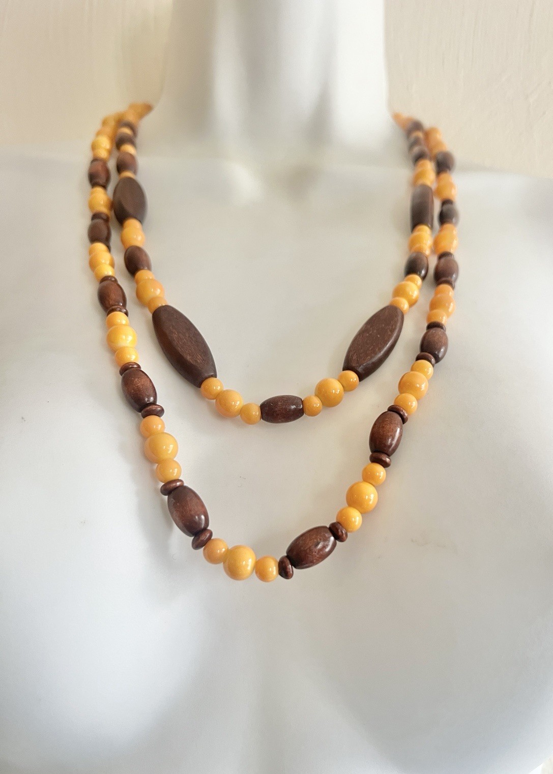 VINTAGE Beaded Necklace Double Drop Yellow Brown Jewelry Accessory Beads