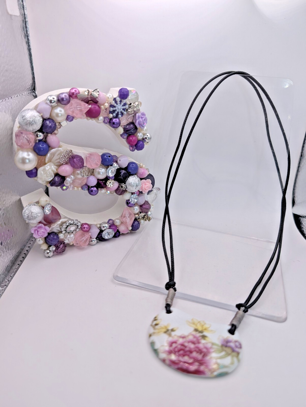 Crescent floral print white ceramic pendant adjustable cord NONE METAL Necklace