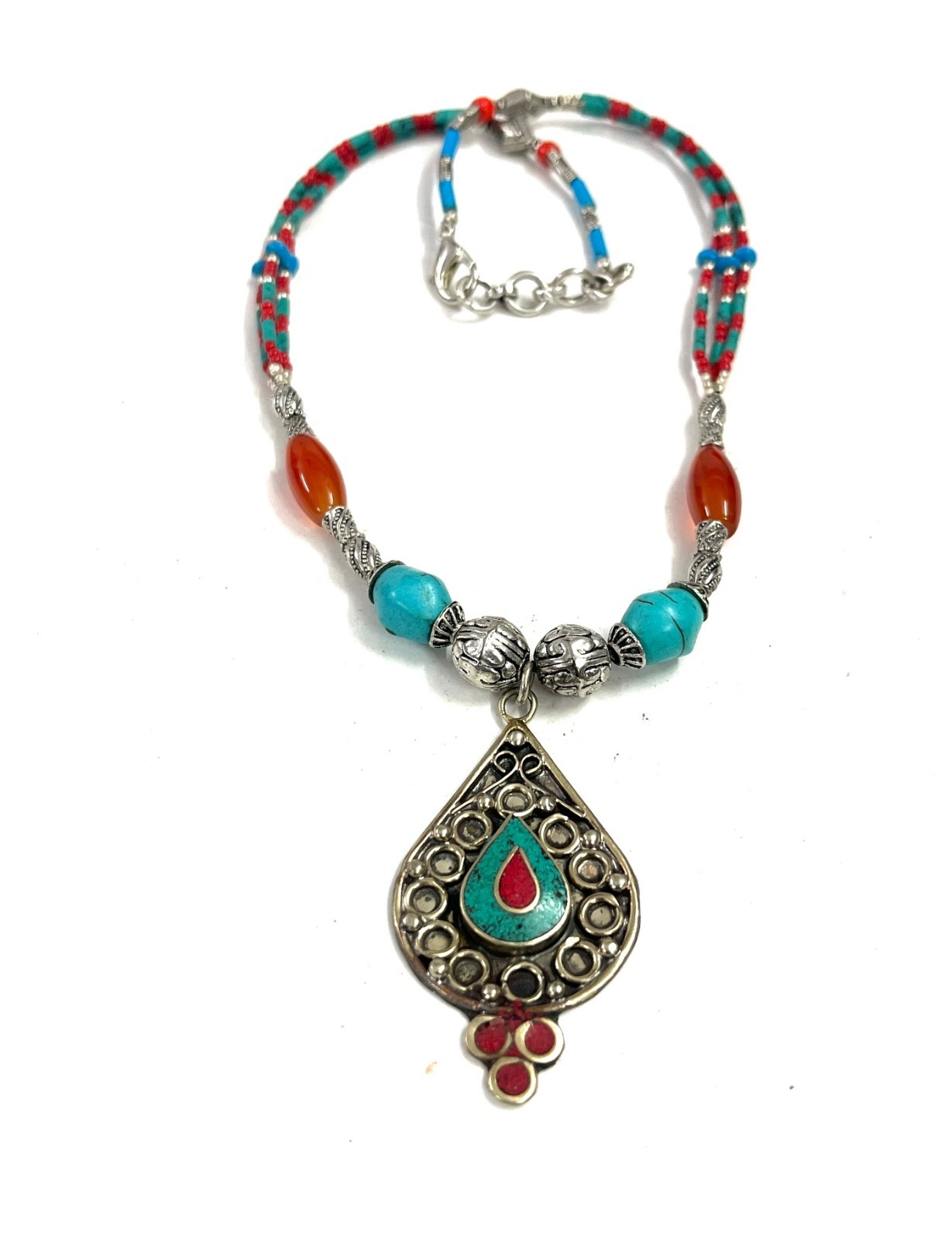 Ethnic Turquoise Carnelian Gemstone Tibetan Necklace Jewelry, 16 Inc Adjst
