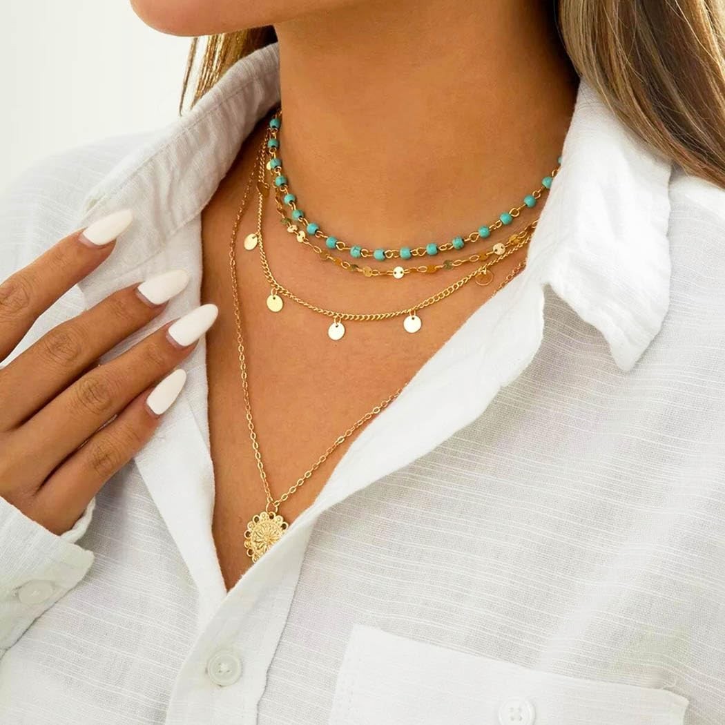 Aiosy Boho Layered Necklace for Women Turquoise Dainty One Size, Gold