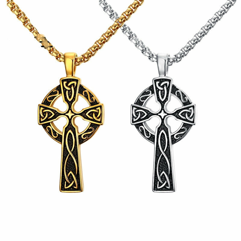 Mens Stainless Steel Irish Celtic Knot Pendant Cross Necklace Silver DEZILOO