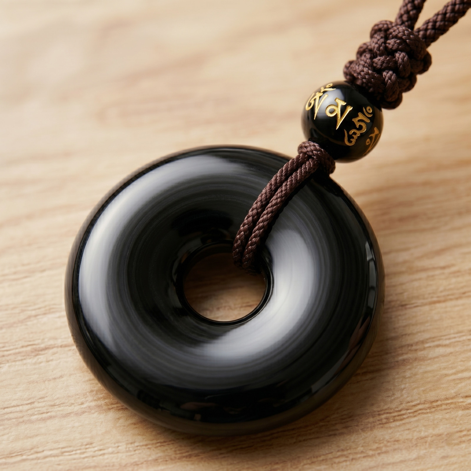 Black Obsidian Necklace 26mm Donut Pendant Guardian Amulet Adjustable Cord 18in