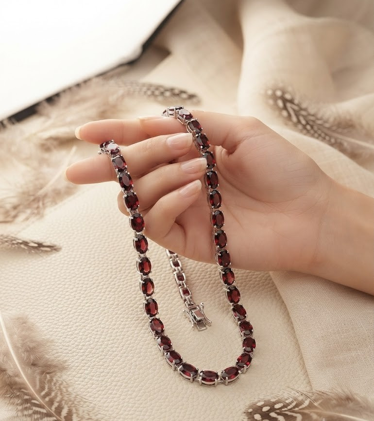 Red Garnet Oval Stone Tennis Necklace For Women In 925 Sterling Silver Jewelry