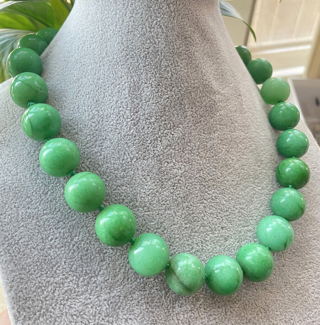 Long 16″ 18″ 25″ 36″ Big 16mm Real Green Jade Gemstone Round Beads Knot Necklace