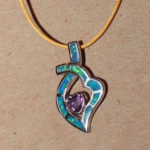 fire opal Cz necklace pendant gems black silver jewelry modern heart cocktail