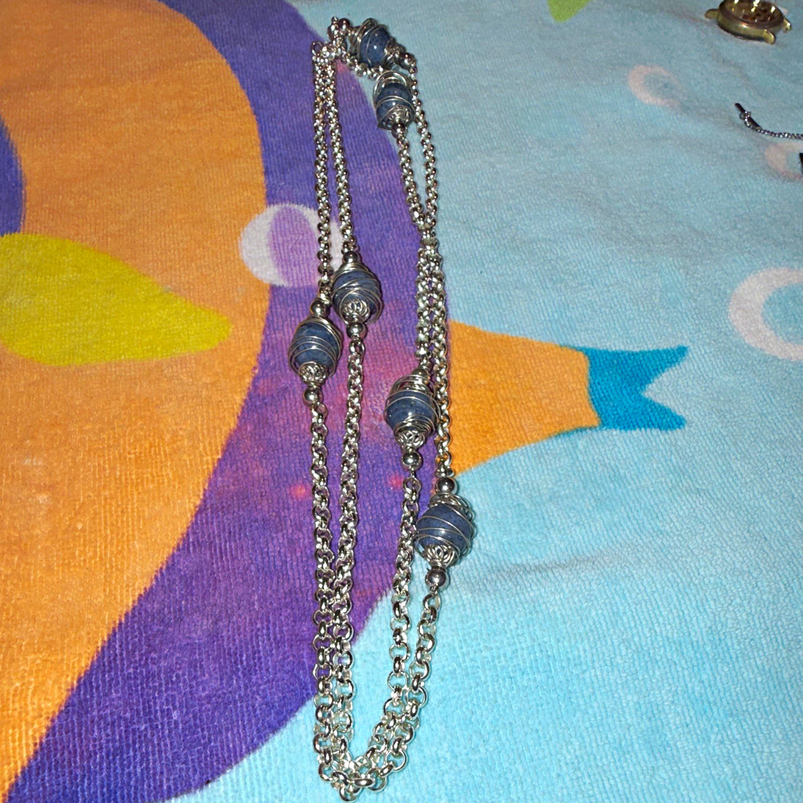Vintage Artisan 50” Opera Length Sterling Silver Wire Wrapped Blue Stone Station