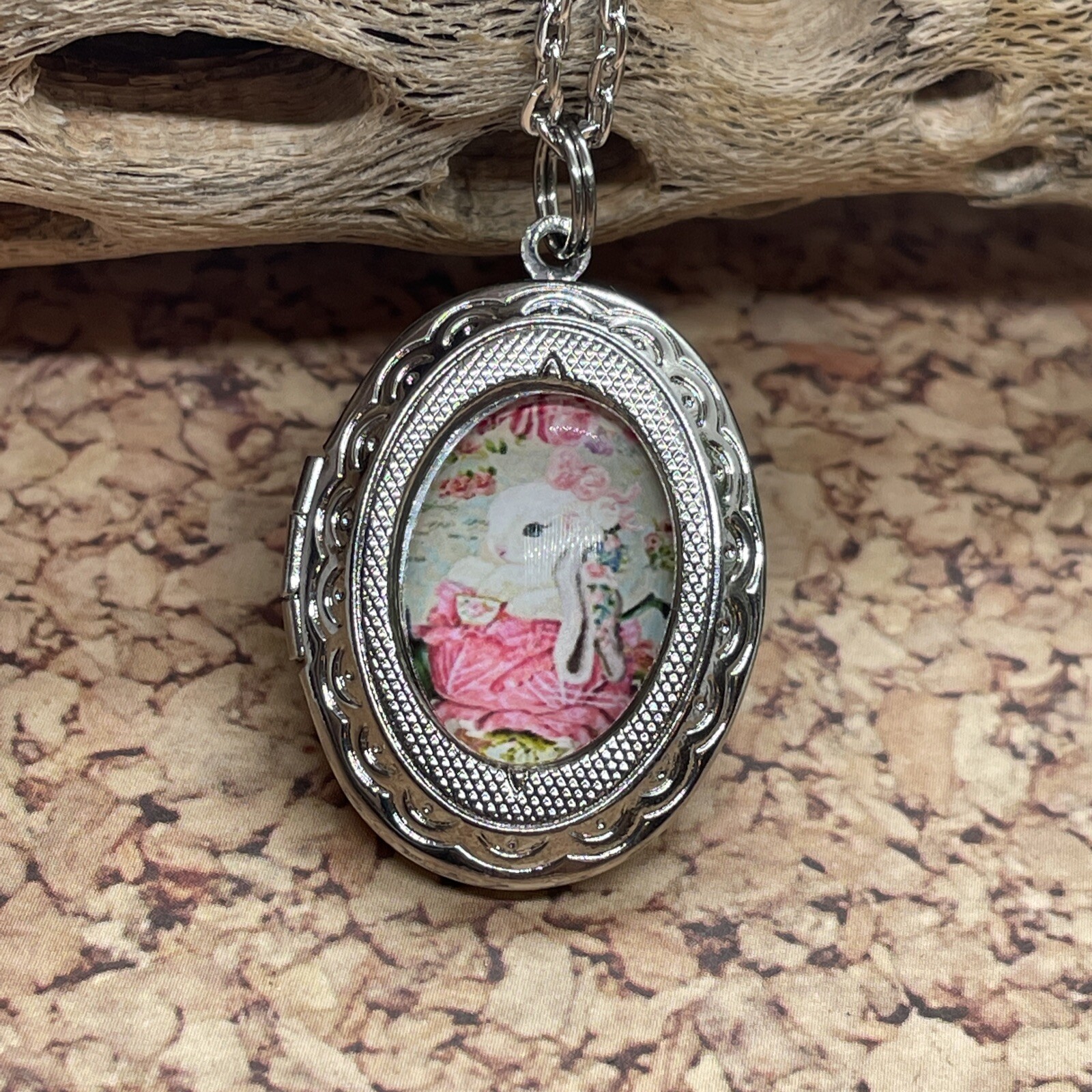 BUNNY RABBIT Locket Necklace JEWELRY Pendant PHOTO Silver Hot Pink Photo GIFT