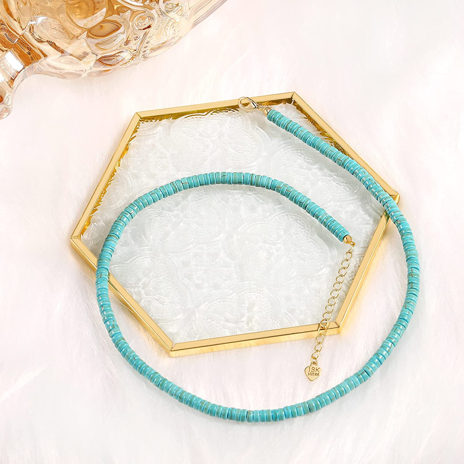 Turquoise Choker Necklace Gold Hematite Beaded Tiny Dainty Minimalist Jewelry